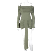 Solid Color Pleated off Shoulder Long-Sleeve Suit